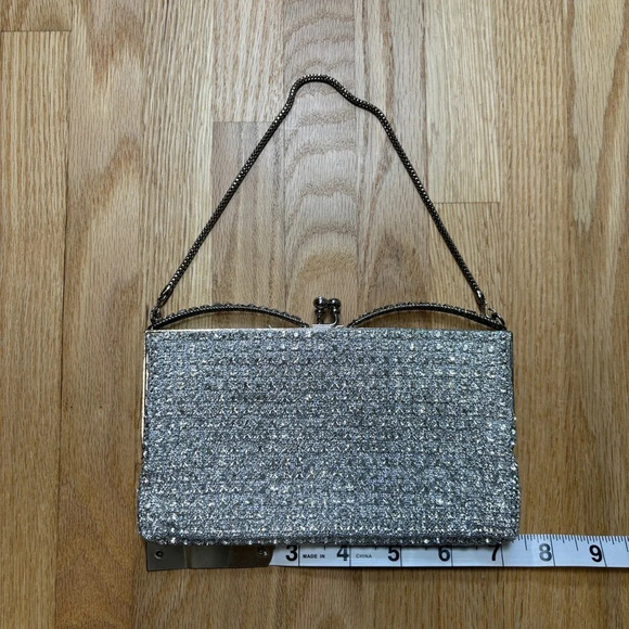 Silver Mini Bag Evening Purse Diamond Bedazzled Short Handle Clutch - Picture 1 of 5